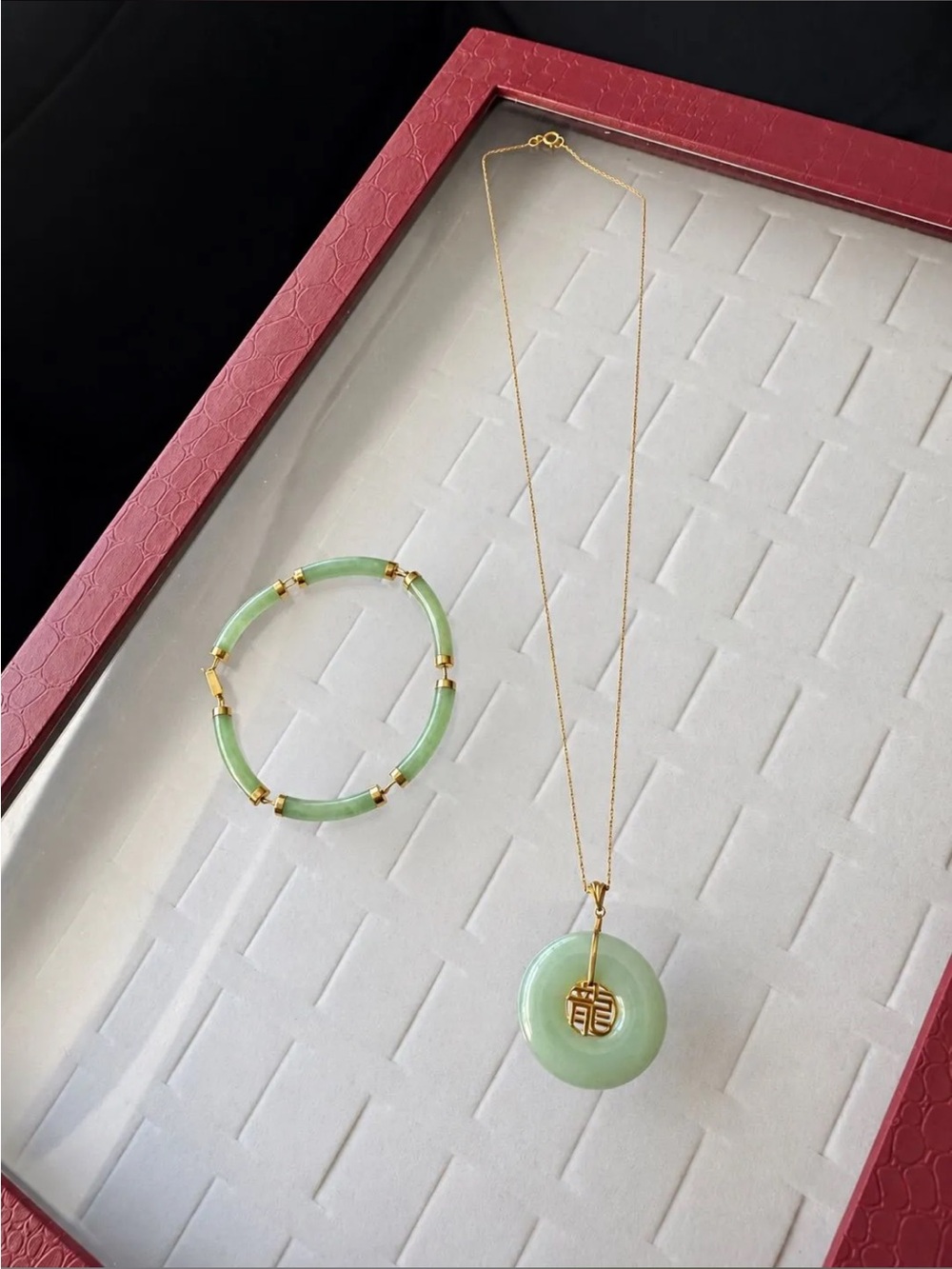 Jade Pendant Necklace & Bracelet Set 14K Gold with 10K Gold Chain